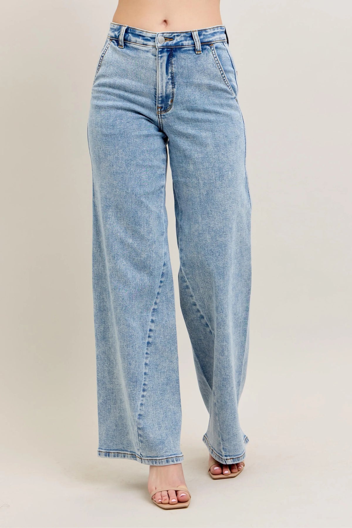 Judy Blue High Waist Wide Leg Jeans with Skewed Inseam – Front View
