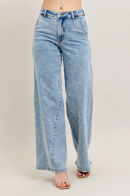 Judy Blue High Waist Wide Leg Jeans with Skewed Inseam – Front View