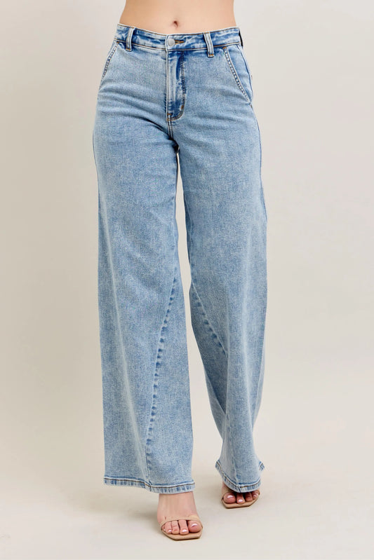 Judy Blue High Waist Wide Leg Jeans with Skewed Inseam – Front View